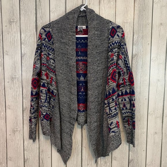 Roxy Grey/Red/Blue Aztec Print Oversized Knit Open Draped Cardigan Sweater Small - Picture 1 of 11